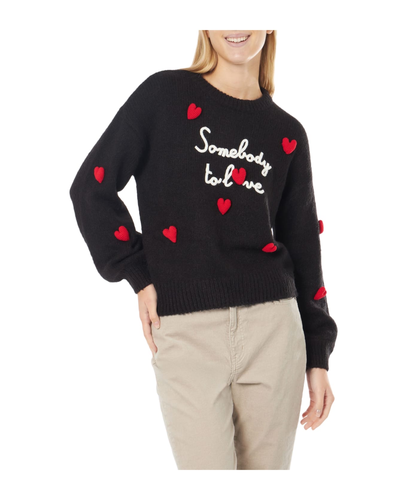 MC2 Saint Barth Woman Boxy Shape Soft Sweater With Somebody To Love Embroidery And Crochet Hearts Patch - BLACK