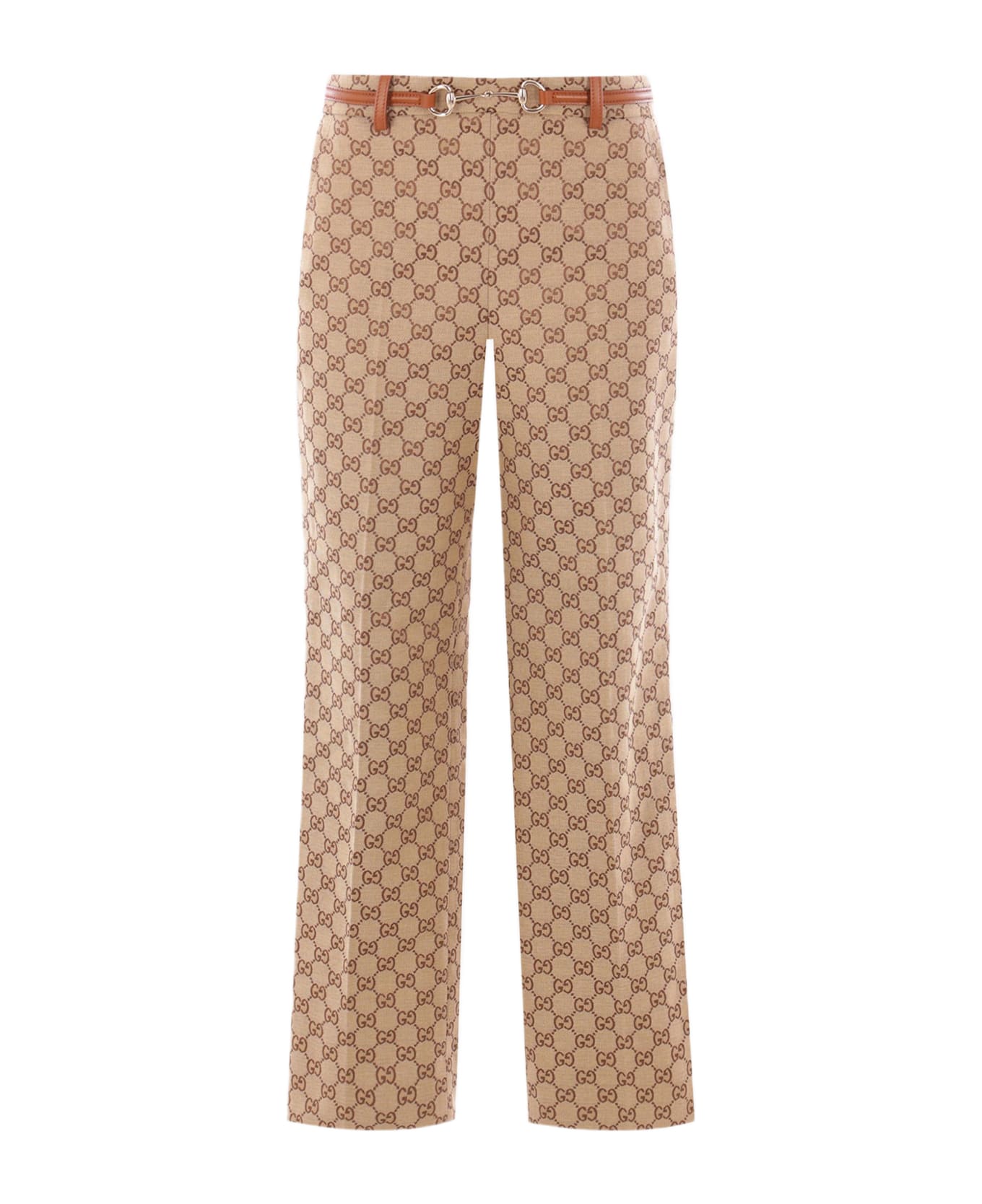 Gucci Gg Canvas Cropped Trousers With Horsebit - Camel E Ebony