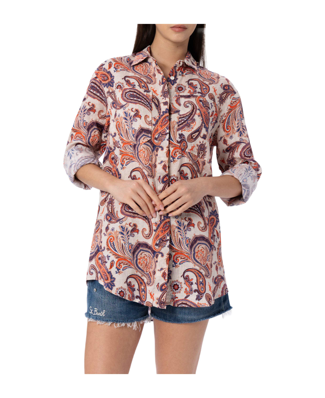 MC2 Saint Barth Woman Linen Shirt Alodie With Paisley Print And Pockets - WHITE