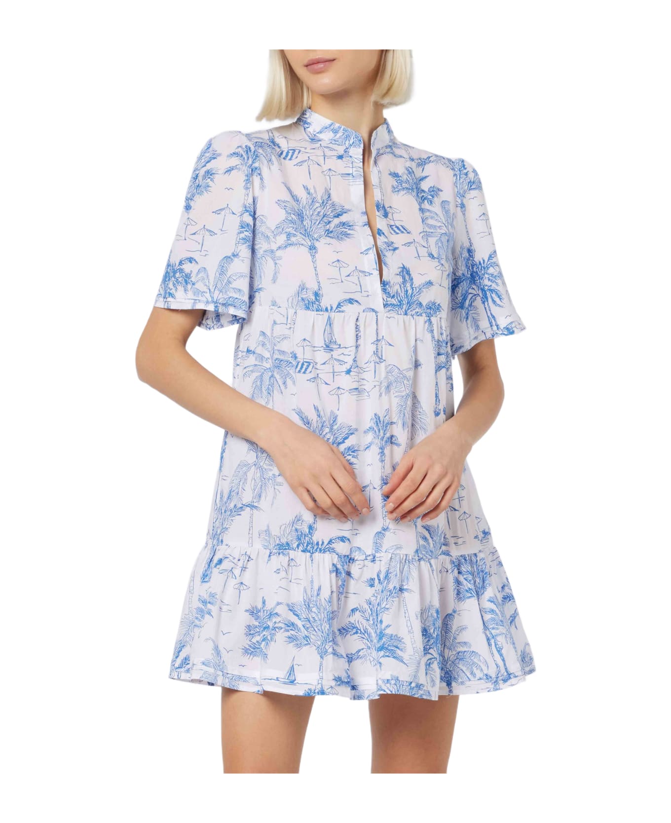 MC2 Saint Barth Woman Cotton Voile Short Dress Siara With Toile De Jouy Print - WHITE