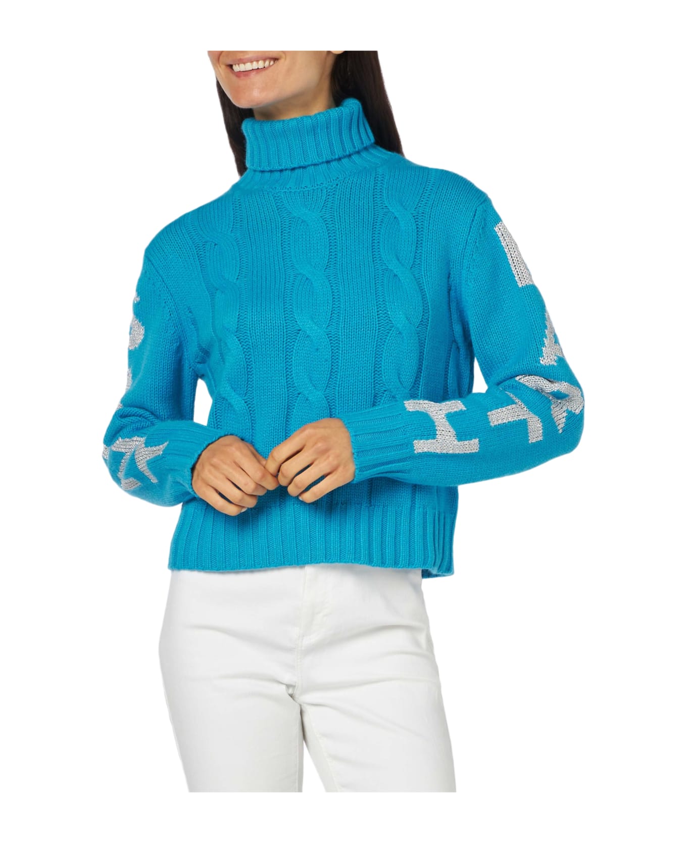 MC2 Saint Barth Woman Turtleneck Braided Sweater With Saint Barth Jacquard - SKY