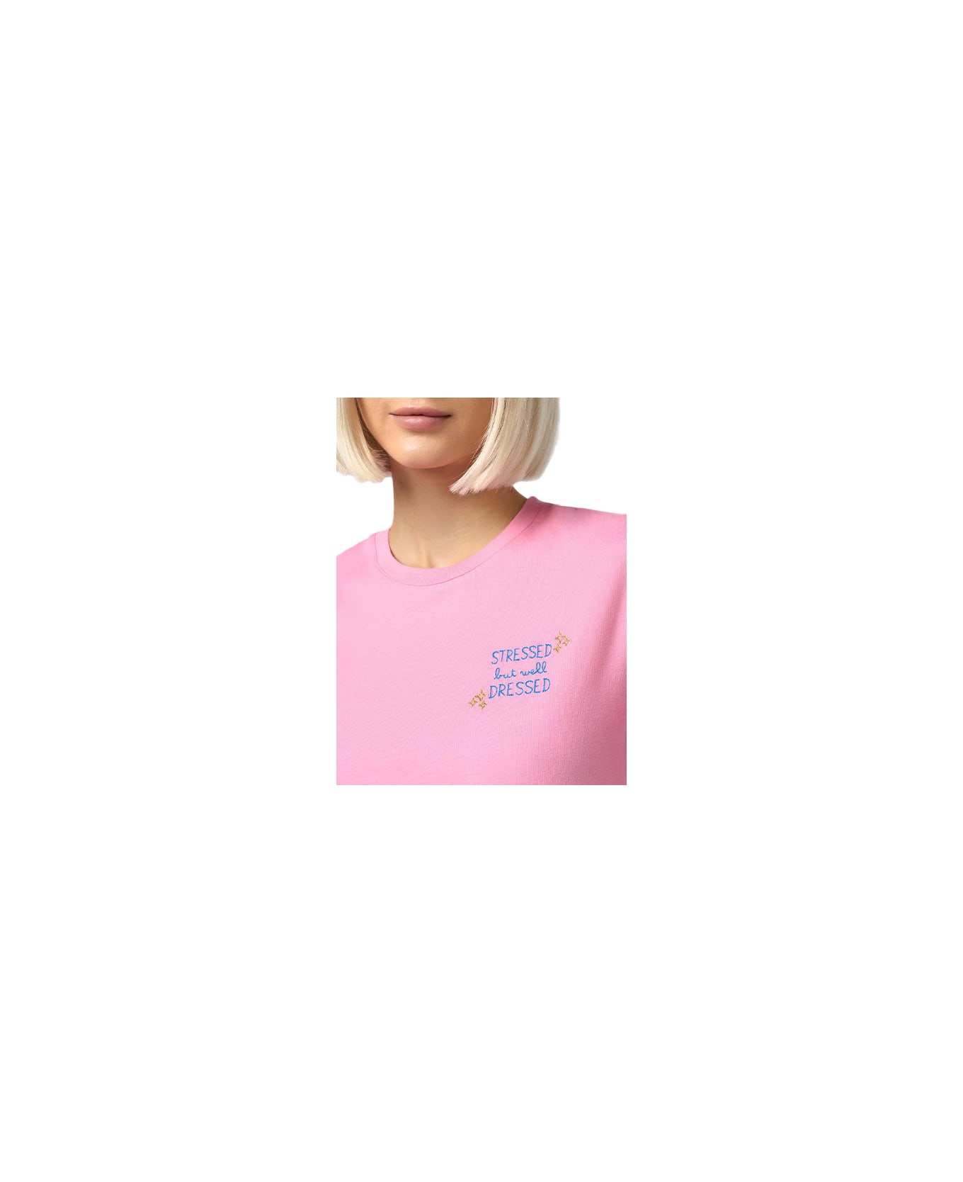 MC2 Saint Barth Woman Cotton Jersey Crewneck T-shirt Emilie With Stressed But Well Dressed Embroidery - PINK