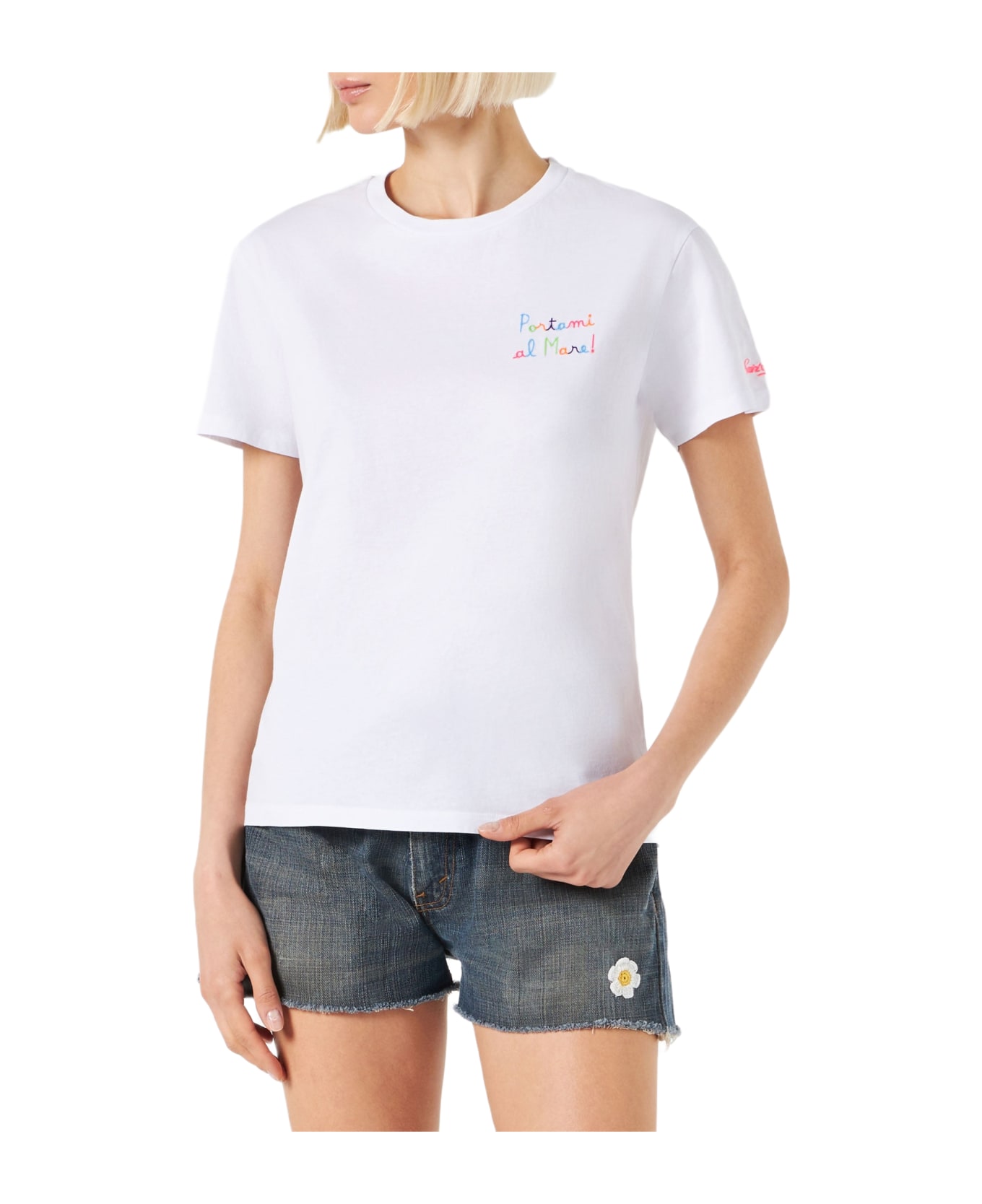 MC2 Saint Barth Woman Cotton T-shirt With Portami Al Mare! Embroidered - WHITE