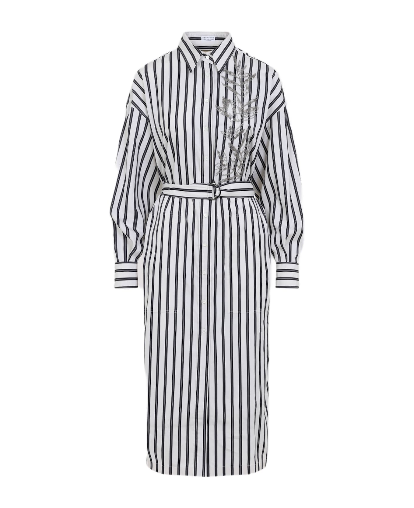 Brunello Cucinelli Regimental Cotton-silk Poplin Dress With Glistening Herbarium Embroidery - White/black