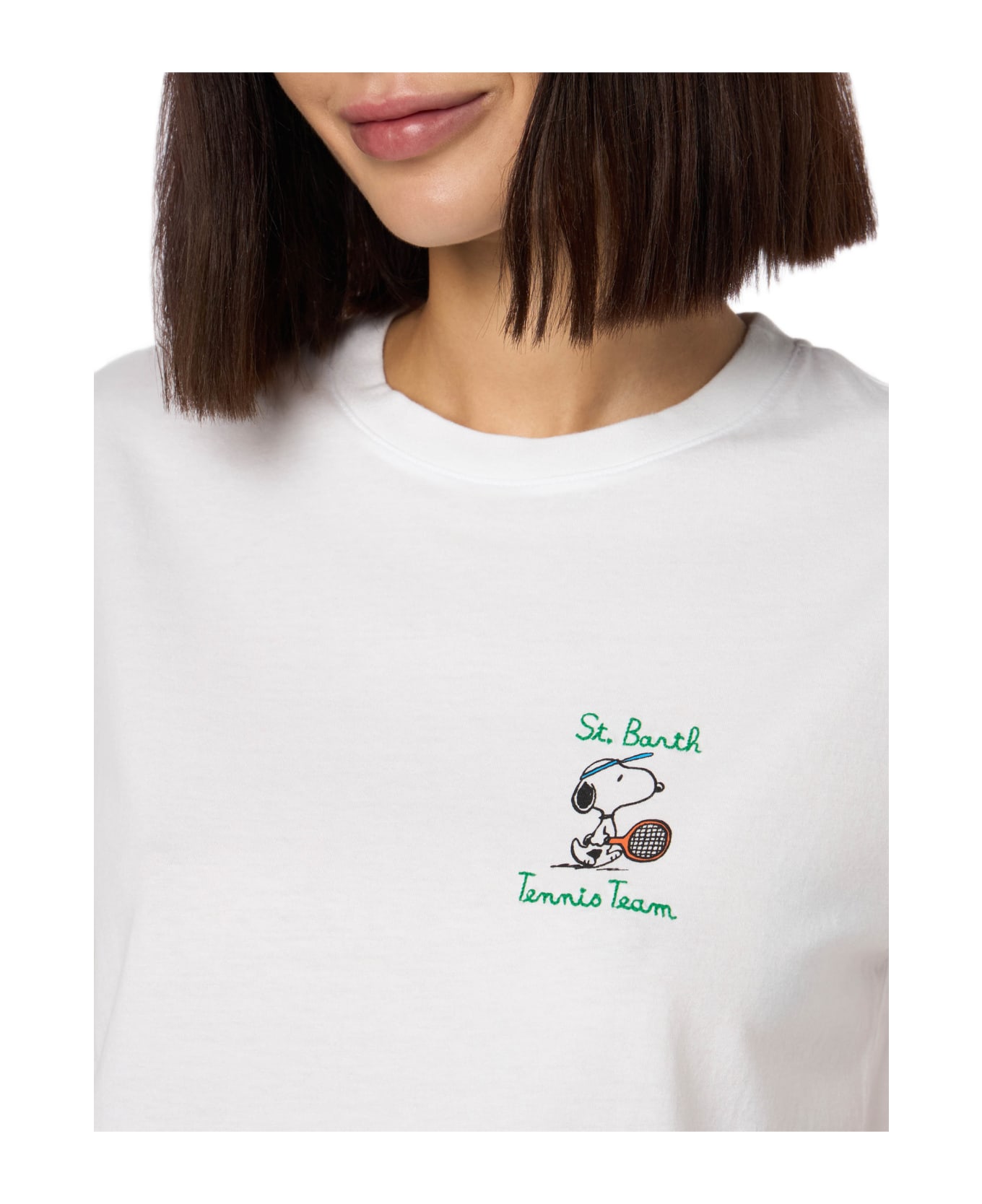 MC2 Saint Barth Woman Pink Cotton Jersey Crewneck T-shirt Emilie With Snoopy St. Barth Tennis Team Embroidery | Snoopy Peanuts Special Edition - WHITE