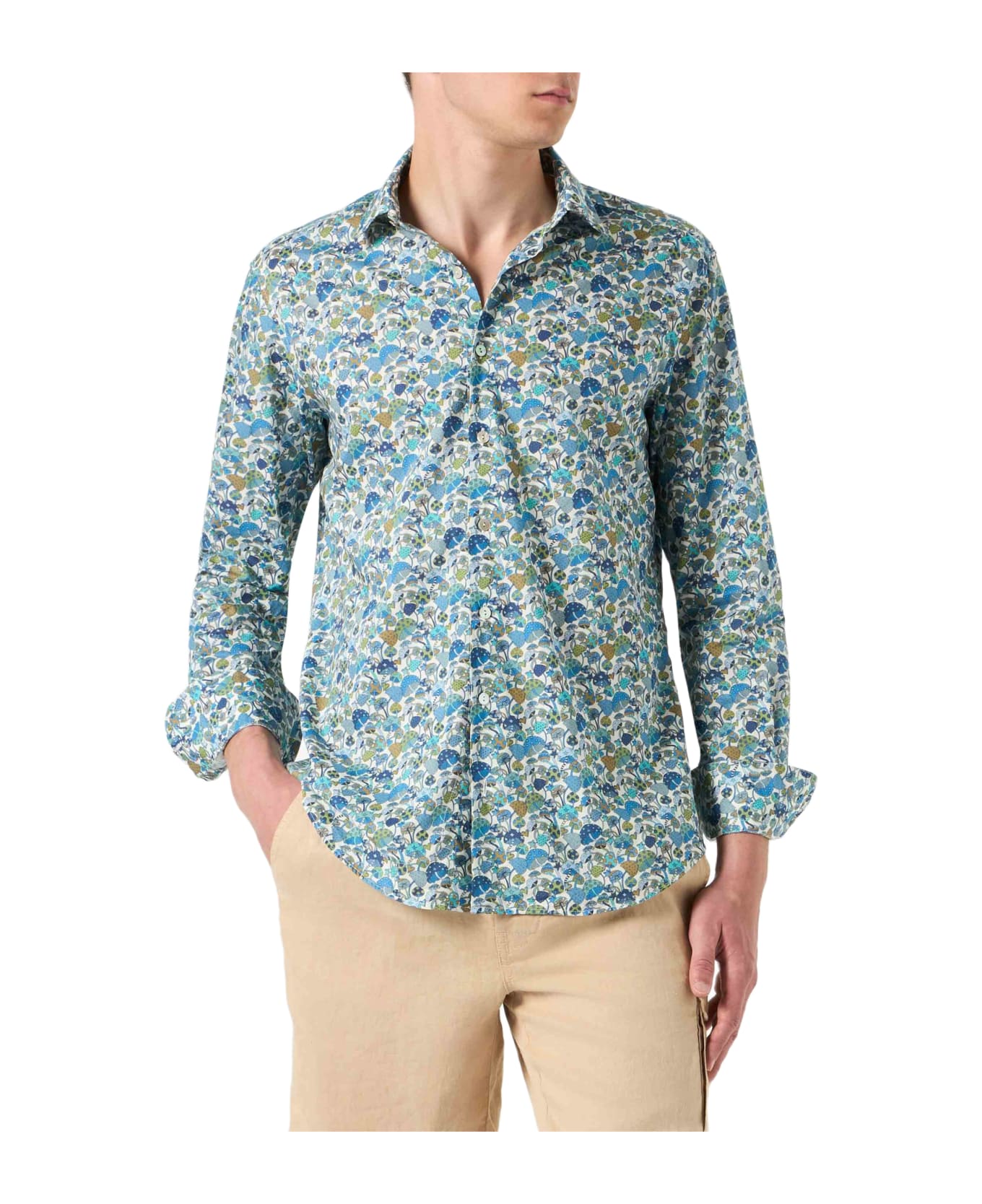 MC2 Saint Barth Man Muslin Cotton Sikelia Shirt With Mushroom Print | Made With Liberty Fabric - BLUE