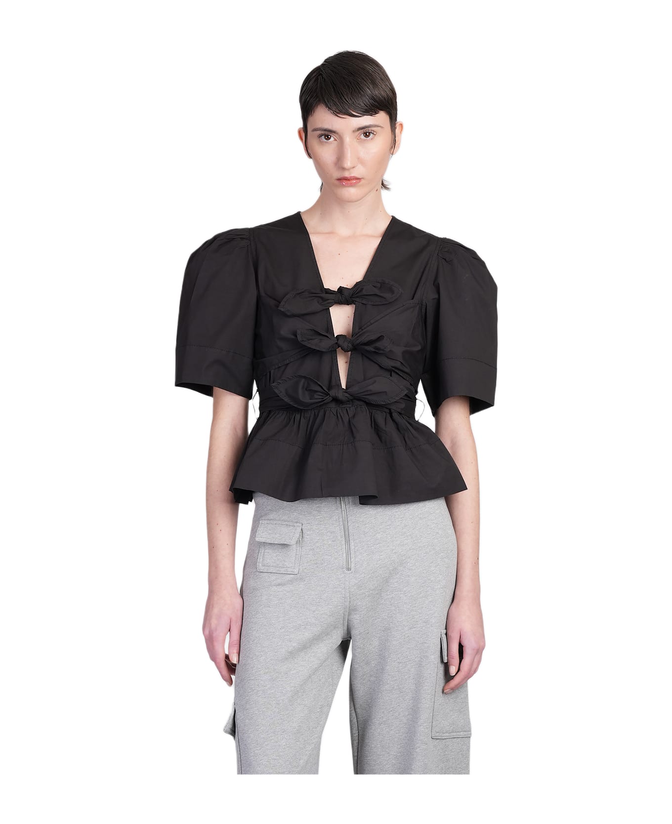 Ganni Blouse In Black Cotton - black