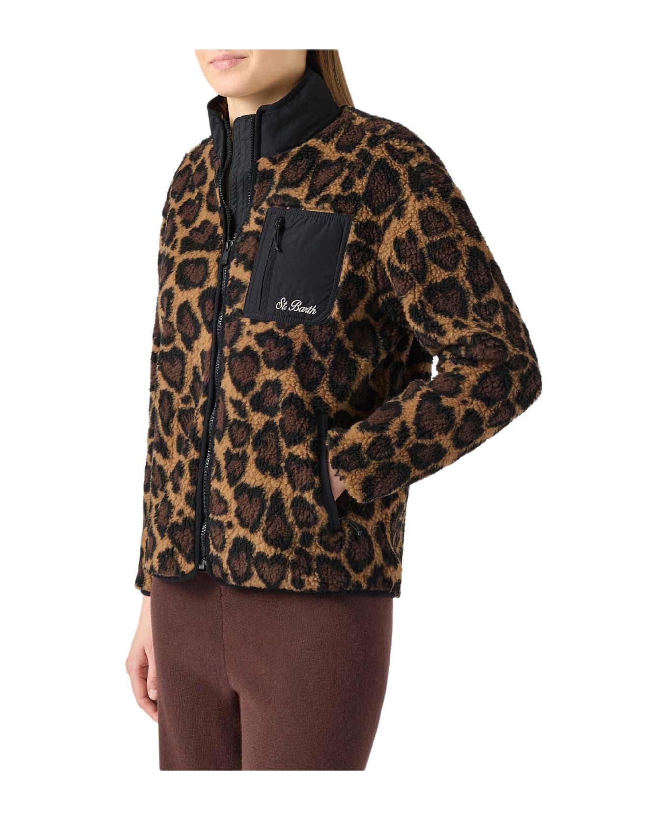 MC2 Saint Barth Teddy-fleece Jacket Keystone With Leopard Print - BROWN