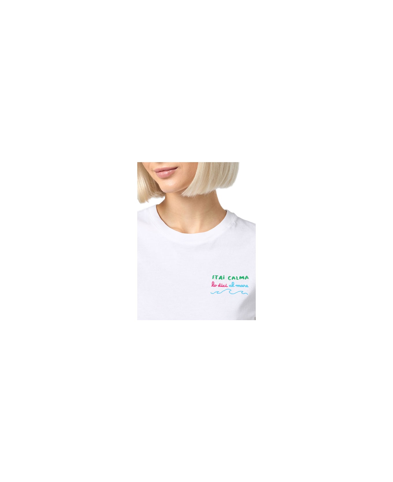 MC2 Saint Barth Woman Cotton Jersey Crewneck T-shirt Emilie With Stai Calma Lo Dici Al Mare Embroidery - WHITE