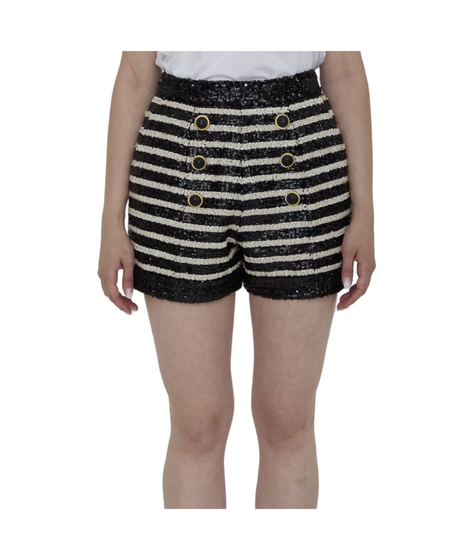 【関税&送料込】Balmain Black White Striped Shorts With Sequ Balmain Black And White Striped Shorts | italist