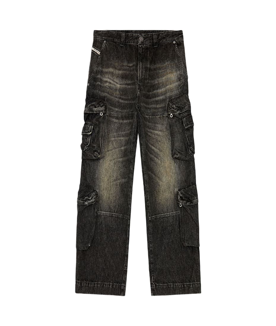 パンツ DIESEL Black Wash Cargo Denim Pant Diesel D-fish-cargo-s Sunbleached black denim cargo pant - D Fish