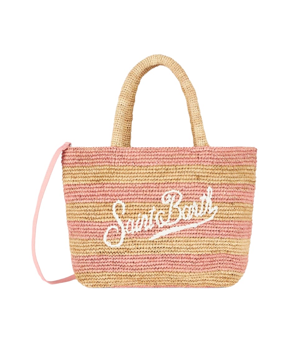 Pink Striped Raffia Beach Midi Bag With Cotton Pouch