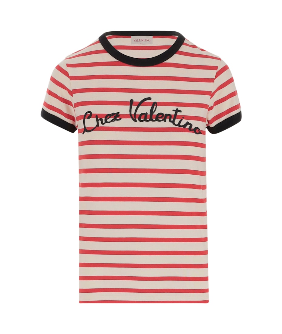 VALENTINO| (5W2J0T52 YCW 68S) Valentino Cotton T-shirt With Striped Pattern And Logo