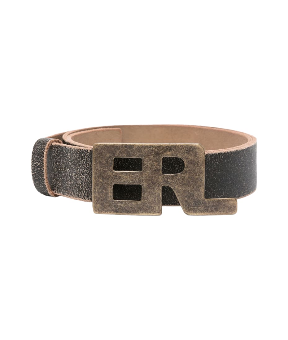 ERL Unisex Metal Logo Belt Leather Brown cracked leather