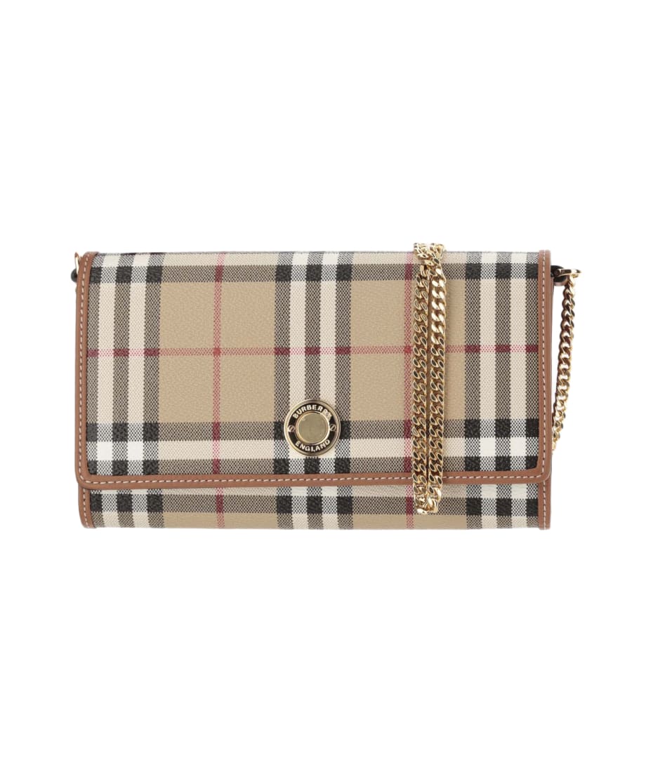 Burberry Check Wallet With Chain Strap - Red