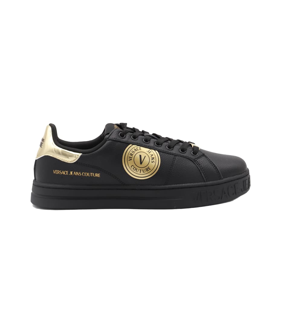 Versace★素敵！Black & Gold Logo Details Leather Sneakers V-Emblem Court 88 Sneakers Black,Gold | VERSACE US