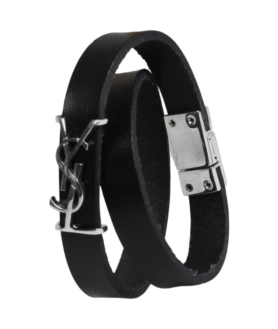 Saint Laurent Leather YSL Monogram Double-Wrap Bracelet, Black