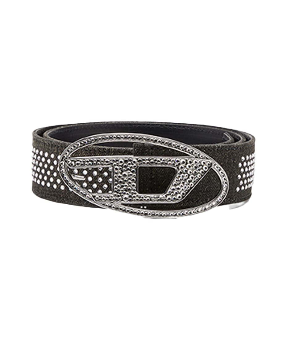 Oval D Logo B-1dr Strass Black denim and leather belt with crystals - B-1dr  Strass