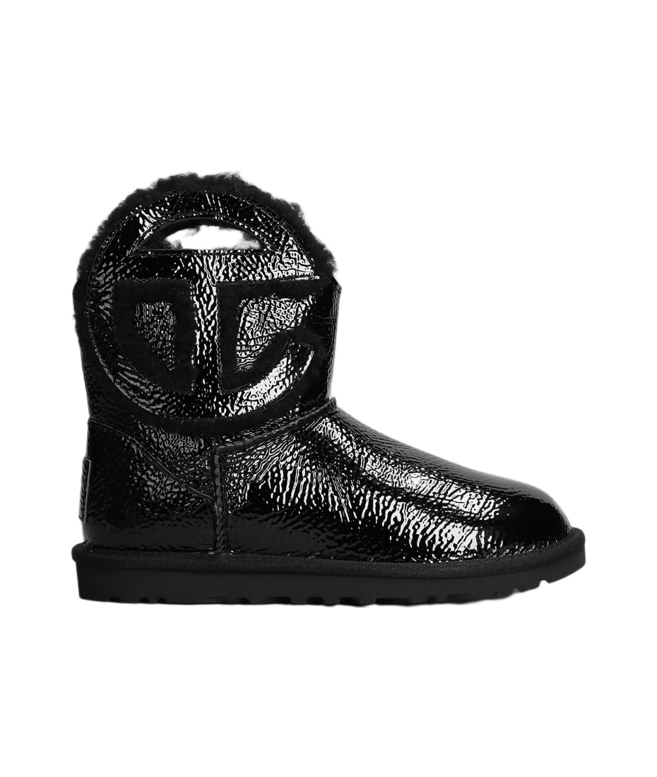 Logo Mini Crinkle Low Heels Ankle Boots In Black Leather