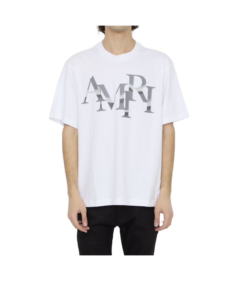 AMIRI スタッガードクロームTシャツ 個性 立体ロゴデザイン AMIRI Men's Chrome Staggered Logo T-Shirt in White Amiri
