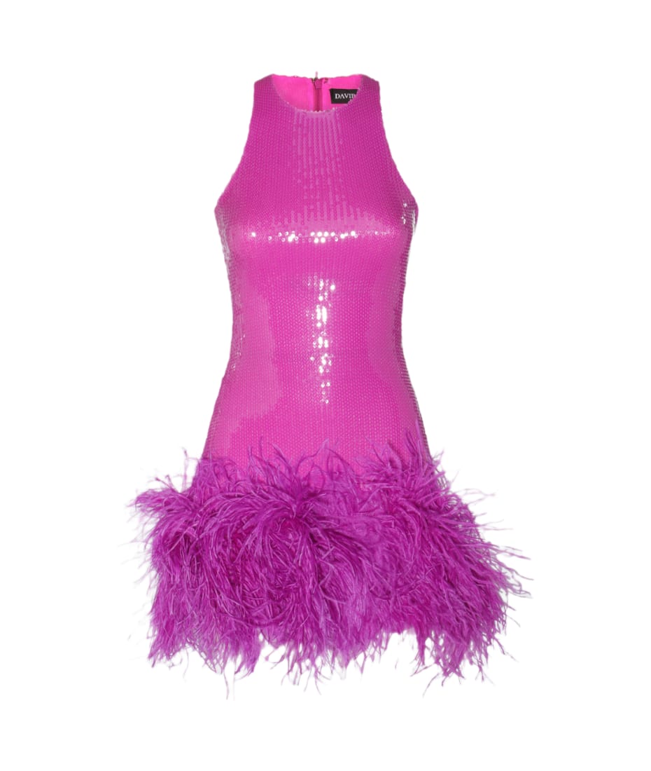 David Koma Purple Feather Trim Sequin soft Dress