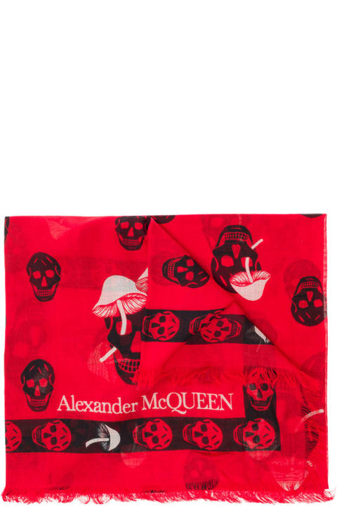 ウィメンズ Alexander McQueenのアクセサリー Alexander McQueen Red Scarf With Skull And Mushroom Print All-over In Modal Blend