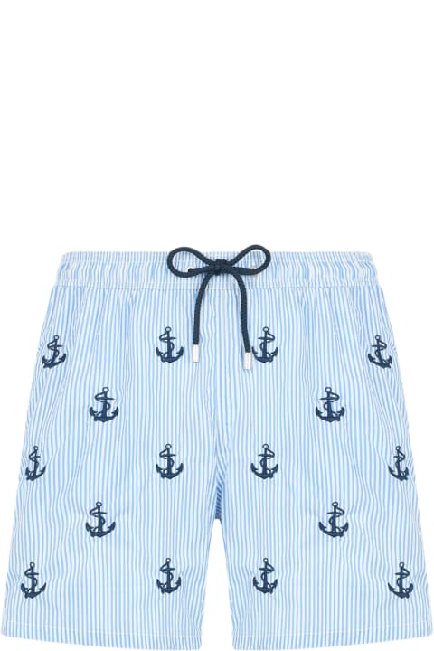 Homeware MC2 Saint Barth Man Mid-length Seersucker Gustavia Swim Shorts With Anchors Embroidery