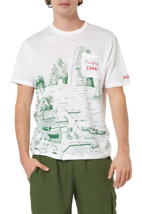 Homeware MC2 Saint Barth Man Linen Jersey T-shirt Ecstasea With Capri Placed Print And Embroidered Pocket