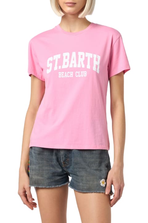 Homeware MC2 Saint Barth Woman Cotton Jersey Crewneck T-shirt Emilie With Saint Barth Beach Club Print