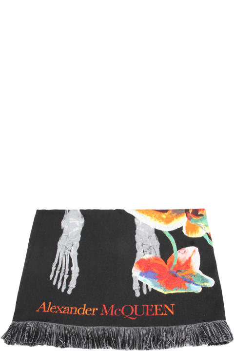 Alexander McQueen Scarves & Wraps for Women Alexander McQueen Black Multicolour Silk-wool Blend Orchid Skeleton Scarf