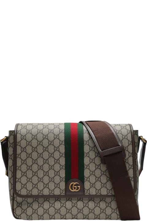 メンズ新着アイテム Gucci Shoulder Bag With Web Detail In Beige And Ebony Gg Fabric