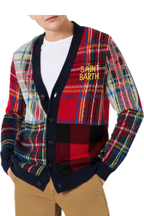 MC2 Saint Barth Sweaters for Men MC2 Saint Barth Man Tartan Knitted Cardigan With Saint Barth Embroidery