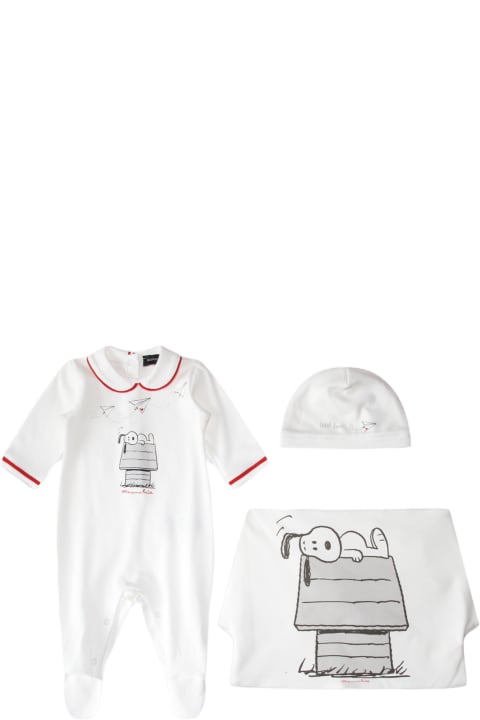 Topwear for Baby Girls Monnalisa White Cotton Snoopy Three Pieces Nursery Set