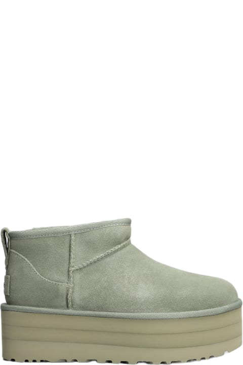 Wedges for Women UGG Classic Ultra Mini P Low Heels Ankle Boots In Green Suede