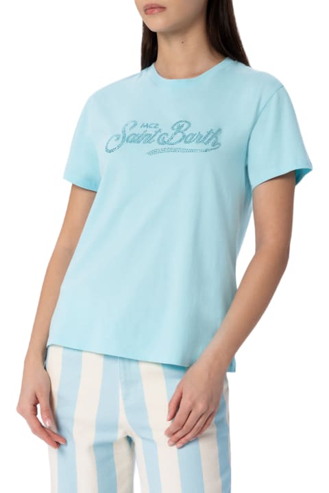 MC2 Saint Barth Topwear for Women MC2 Saint Barth Woman Water Green Cotton Jersey Crewneck T-shirt Emilie With Rhinestones