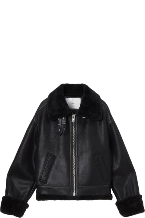 Unisex Loose Fit Line Shearling Jacket Black faux shearling oversized jacket - Unisex loose fit line shearling jacket