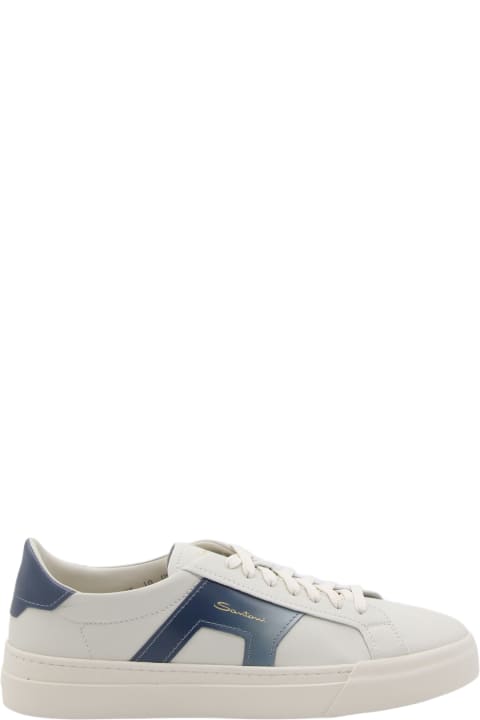Fashion for Men Santoni White And Blue Leather Buckle Sneakers