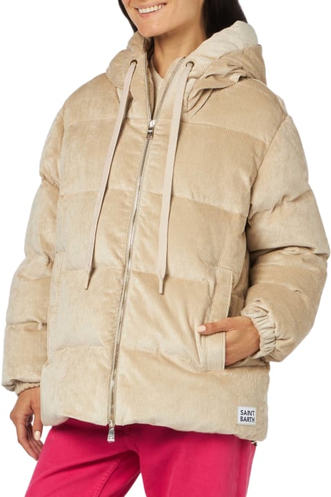 MC2 Saint Barth for Kids MC2 Saint Barth Woman Beige Corduroy Down Padded Jacket With Hoodie