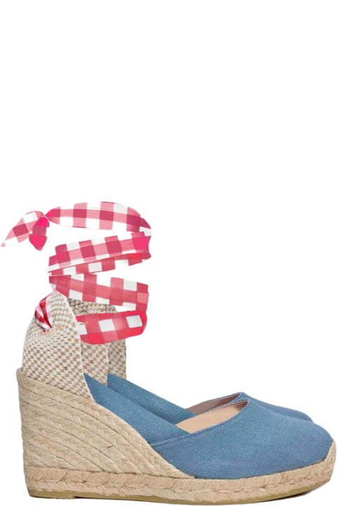 Shoes for Women MC2 Saint Barth Blu Print Canvas Espadrillas With Hight Wedge And Ankle Lace