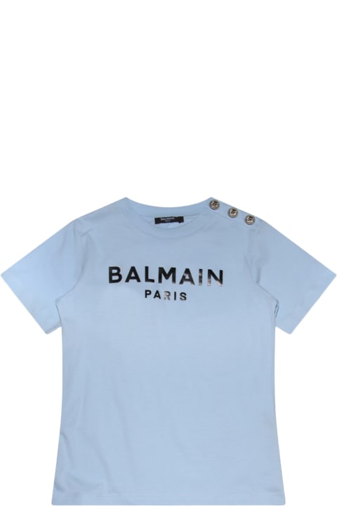 Topwear for Girls Balmain Light Blue And Black Cotton T-shirt