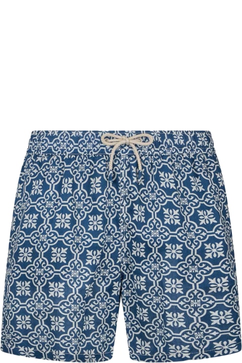 Homeware MC2 Saint Barth Man Mid-length Linen Swim-shorts Gustavia With Majolica Print