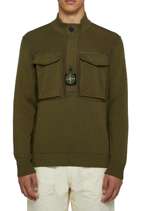 Sweaters for Men Stone Island Logo Patch Half Buttoned Jumper