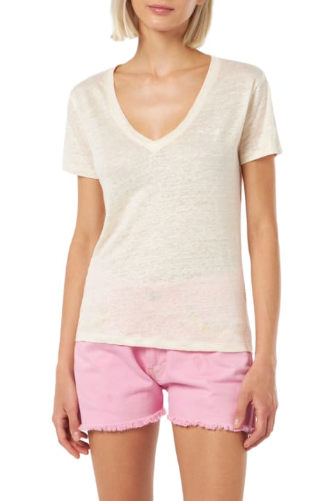 Homeware MC2 Saint Barth Linen Jersey Off-white V-neck T-shirt Eloise