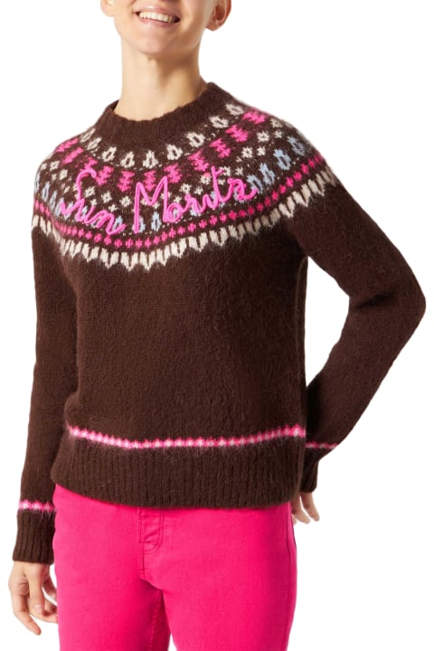 Homeware MC2 Saint Barth Woman Brown Crewneck Nordic Jacquard Sweater