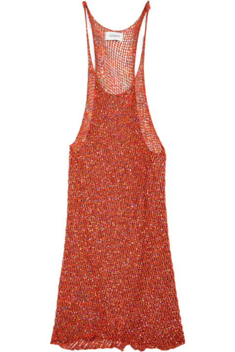 ウィメンズ Laneusのトップス Laneus Pailletes Tank Woman Orange Net Knitted Short Dress With Sequins