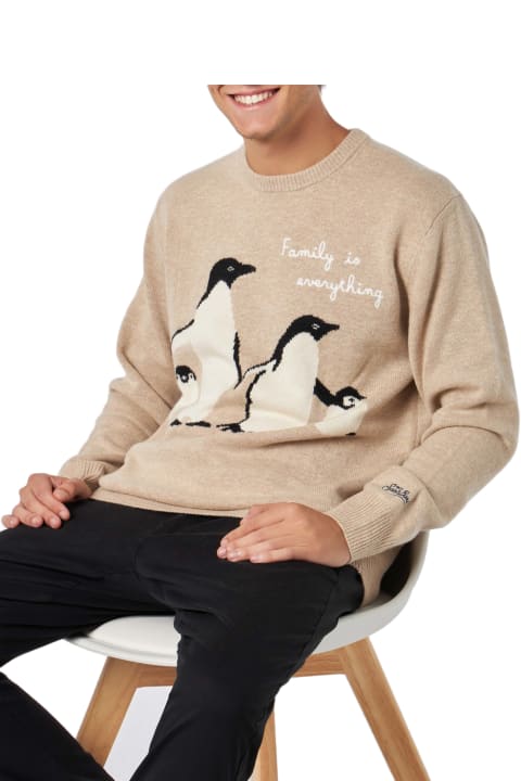 Homeware MC2 Saint Barth Man Sweater With Penguins Print And Family Is Everything Embroidery