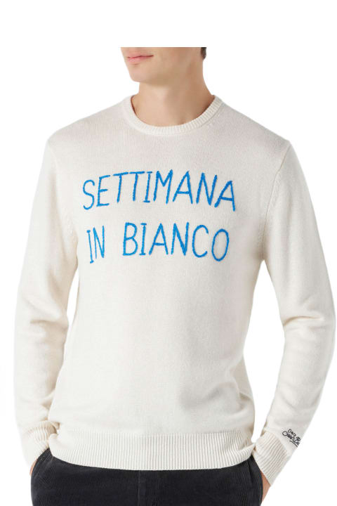 Homeware MC2 Saint Barth Man White Sweater With Settimana In Bianco Embroidery