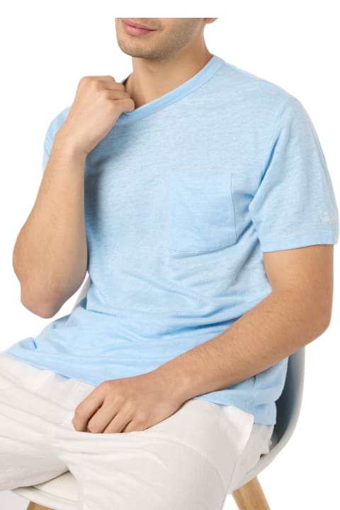 Homeware MC2 Saint Barth Man Light Blue Linen Jersey T-shirt Ecstasea With Pocket
