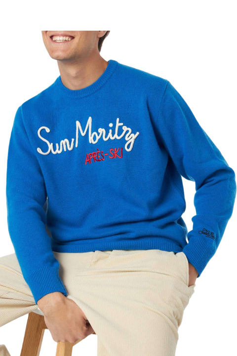 Homeware MC2 Saint Barth Man Crewneck Sweater With Sun Moritz Après Ski Embroidery