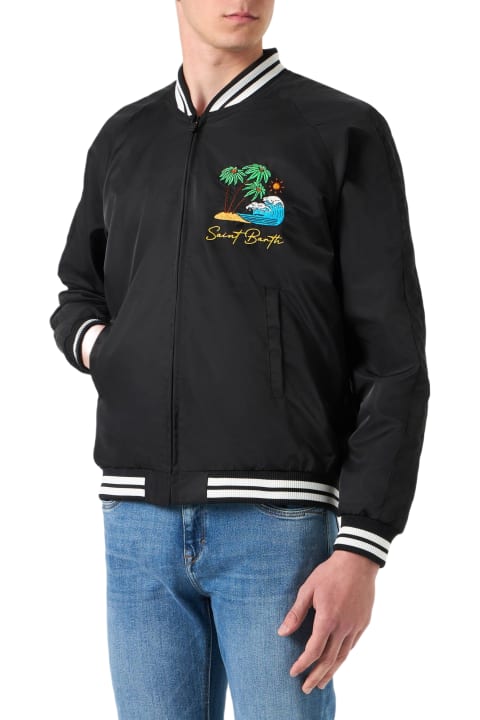 メンズ MC2 Saint Barthのコート＆ジャケット MC2 Saint Barth Man Black Jacket With Saint Barth Island Embroidery